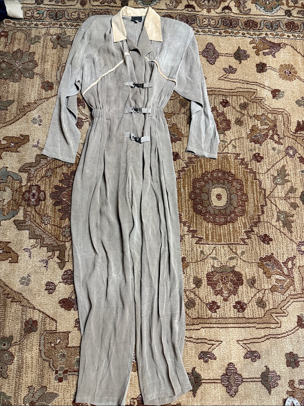 Vintage 80s ML Marsh New York light taupe jumpsuit with metal buttons medium